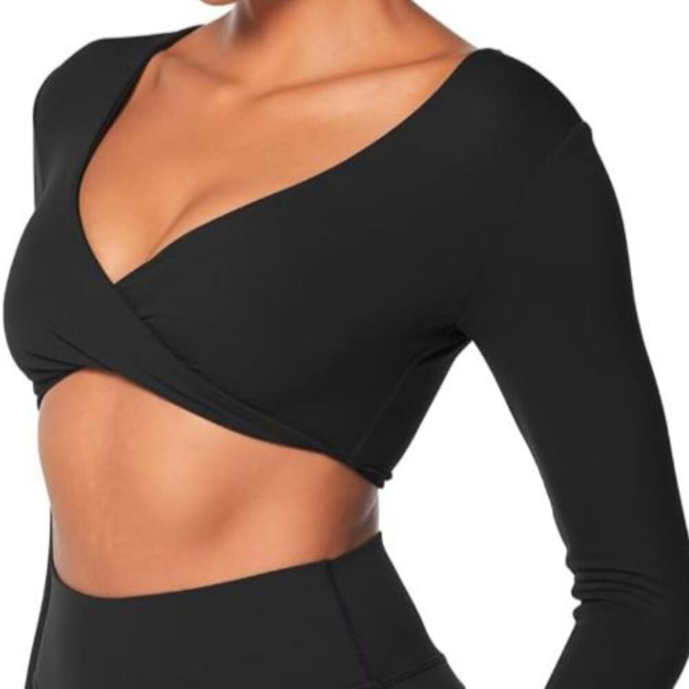 Sunzel Black Twist Front Deep V Long Sleeve Active Workout Top Size XS